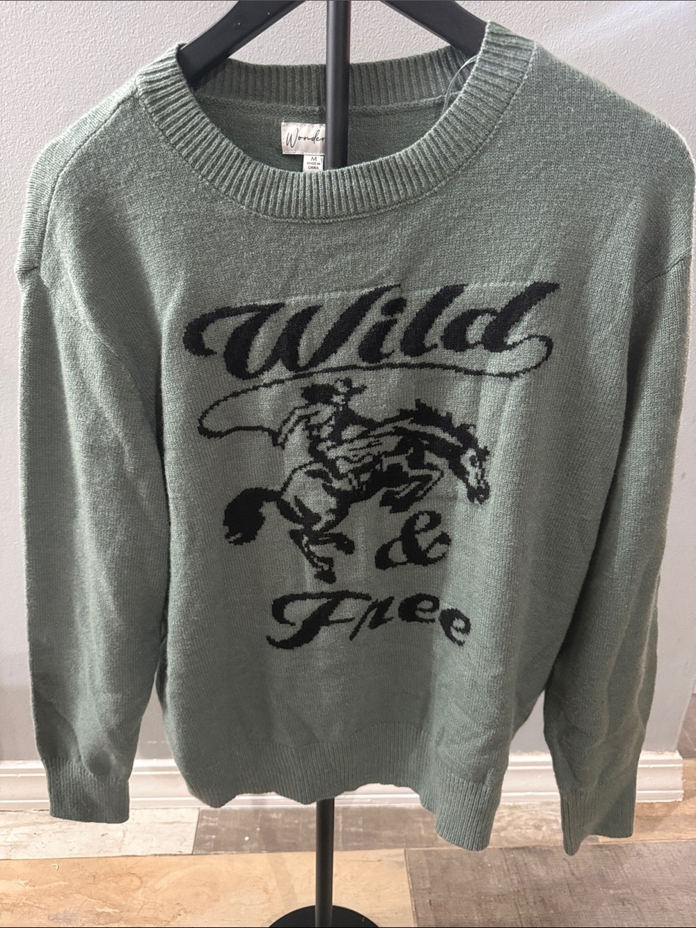 Wonderly Sage Green Crewneck Sweater with Black 'Wild & Free' Graphic